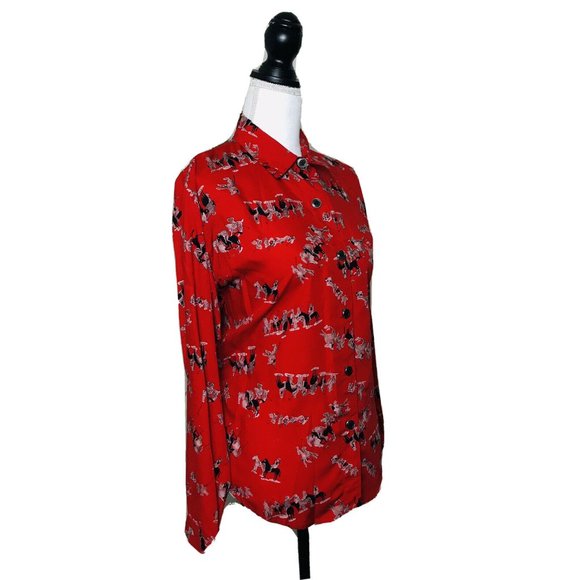 BIRCH BROS Button Down Blouse Black Red Polo Horse - Picture 2 of 13